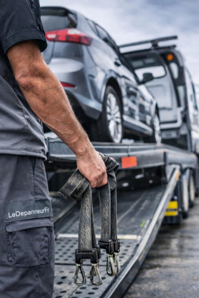 Dépanneur et voiture sur dépanneuse